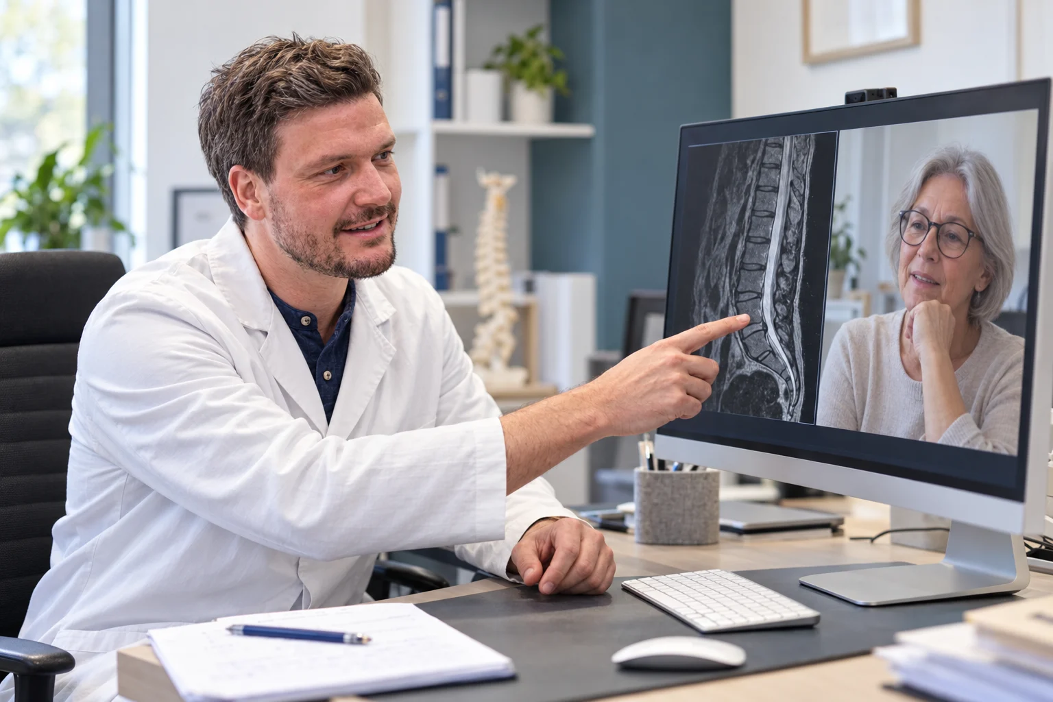 Illustrazione generata: il Dr Lechanoine al computer indica una risonanza della colonna accanto a una paziente fittizia in videochiamata